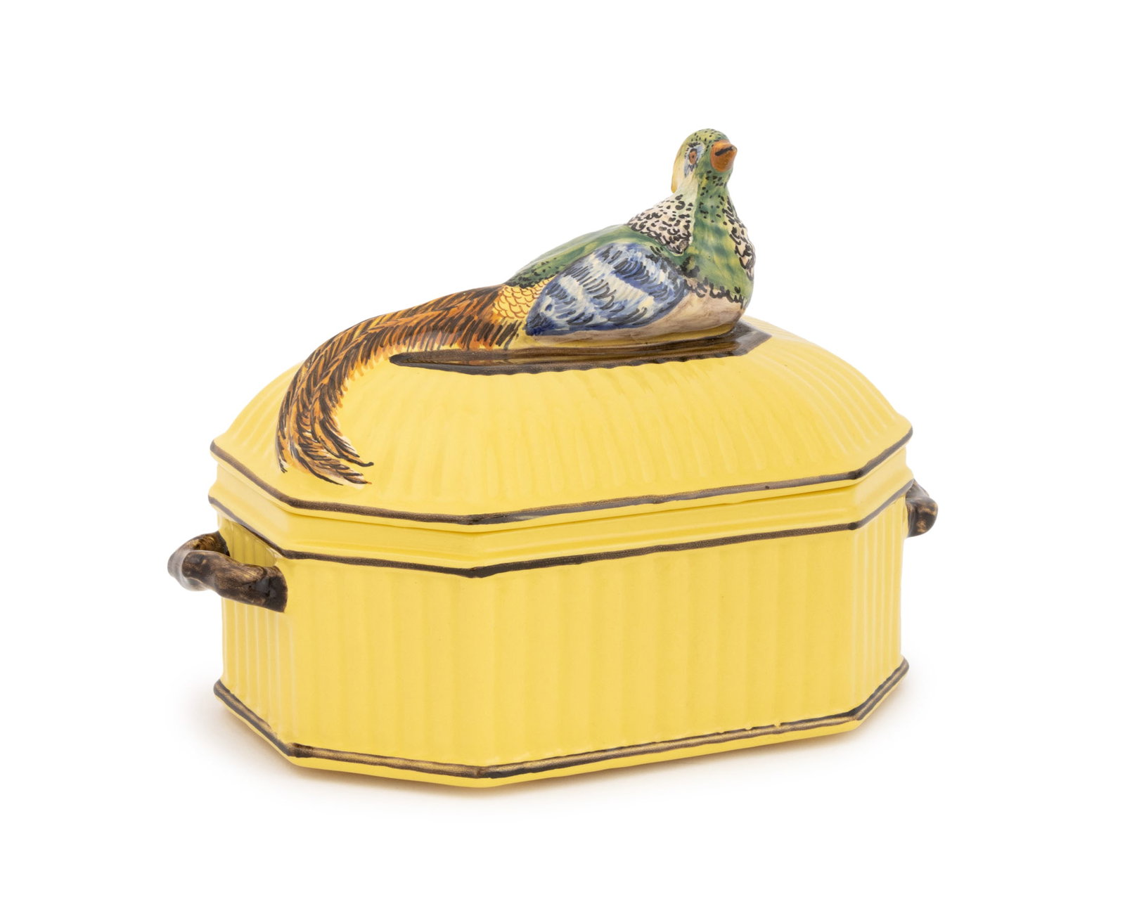 Tiffany & Co. French Ceramic Pheasant Motif Tureen: Tiffany and Company French Ceramic Pheasant Motif Covered Tureen, polychrome hand-painted on a yellow ground, signed and marked "Hand Painted / in France / For Tiffany and Co. / H" to underside. 7" H 