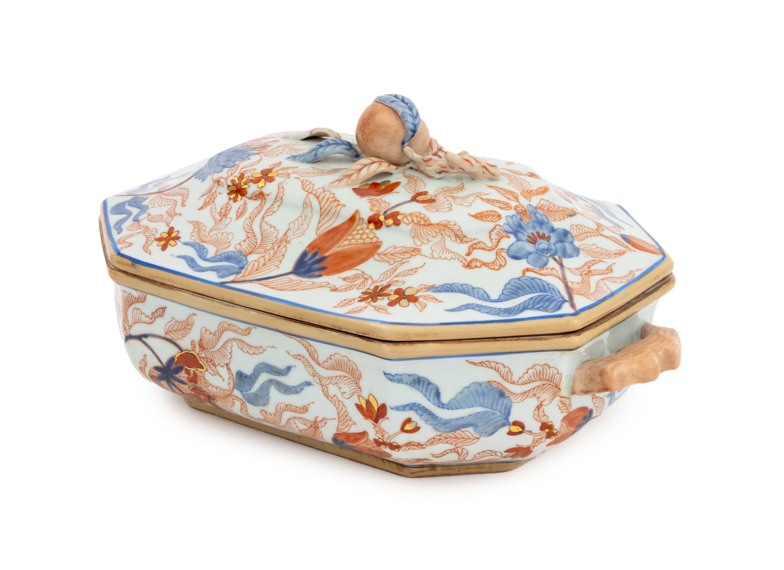 Chinese Imari Porcelain Covered Soup Tureen: Chinese Imari Porcelain Covered Soup Tureen, hand-painted with fruit and flowers and the cover with pomegranate form knop, four character mark to underside with Macy's Corner Shop Antique Galleries la