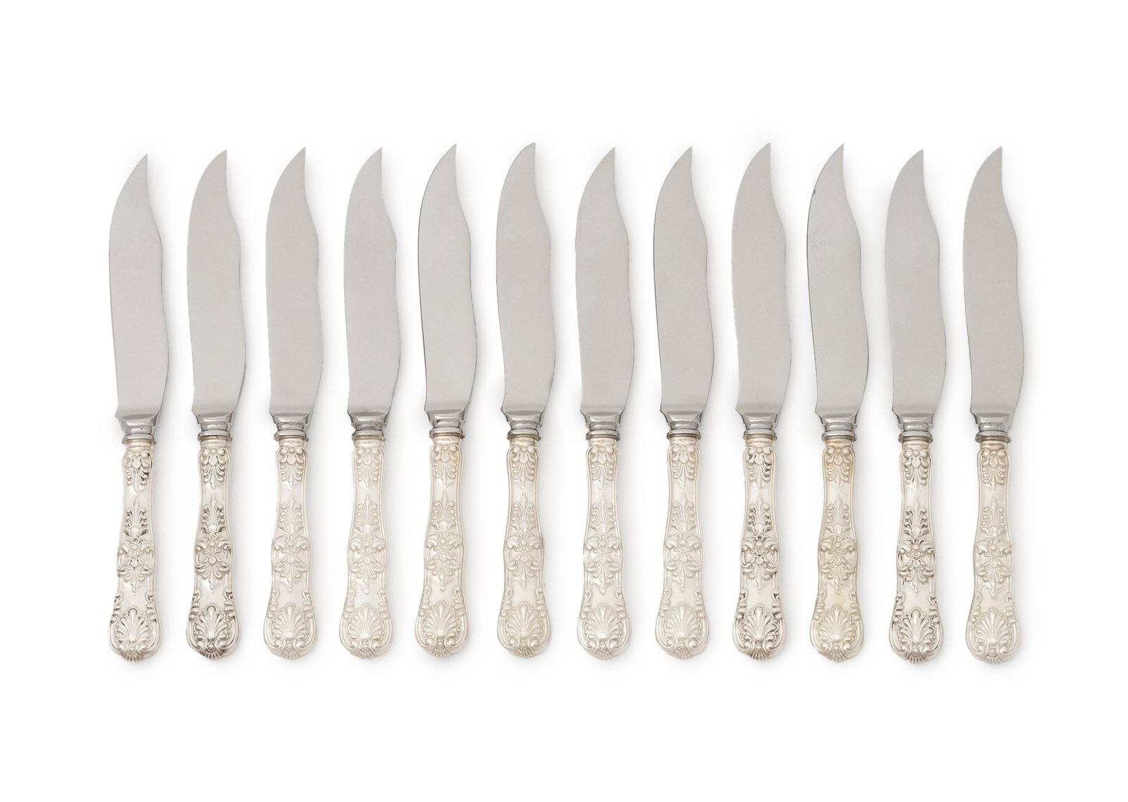 Tiffany & Co. "English King" Silver Knives, 12: Set of Twelve Tiffany and Company "English King" Pattern Sterling Silver Steak Fish Knives, each marked "Tiffany & Co." to stainless steel blade, together in tiffany cloth sleeve. Weight: 3 ozt. exclu
