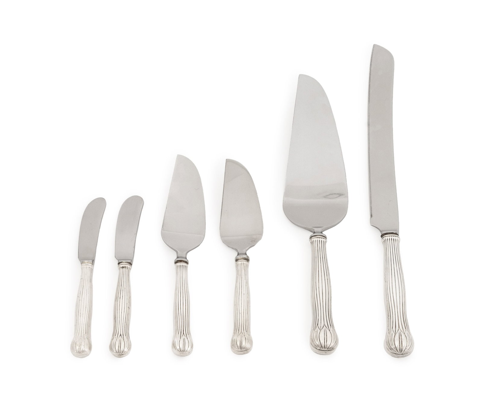 Tiffany & Co. Sterling Silver Flatware, 6 Pcs: Set of Six Tiffany and Company "Botanical" Pattern Sterling Silver Serving Flatware Pieces, comprising: one cake knife, one cake server, two cheese knives, and two cheese spreaders, each marked "Tiffa