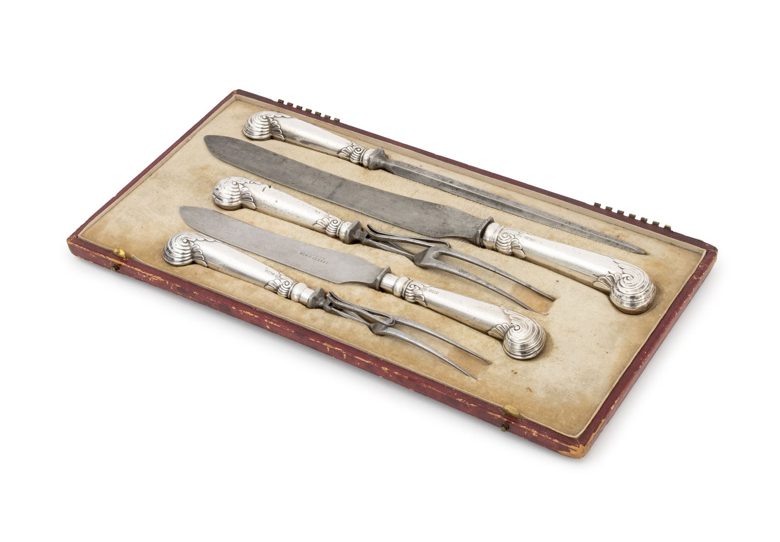 Edwardian Sterling Silver Meat Carving Set, 5 Pcs.: Edwardian Sterling Silver Five-Piece Meat Carving Set, struck with marks for Harrison Brothers & Howson, Sheffield, 1903, and blade "Asprey / Bond Street", comprising: two knives, two forks, and one h