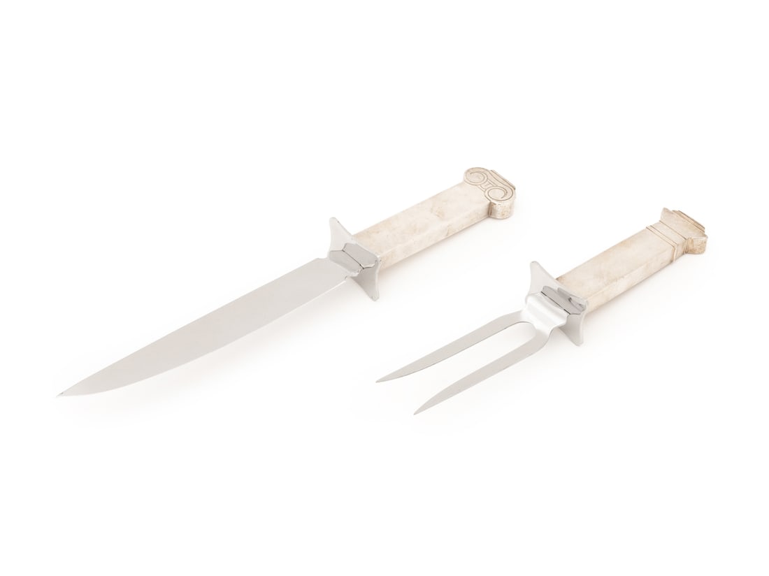 Swid Powell & Venturi x Reed & Barton Carving Set: Swid Powell and Robert Venturi for Reed and Barton Silver Plate Carving Set, fork and knide with ionic column form handles, marked to the steel blade. Knife: 13" L. Provenance: From a Tribeca Estate. 