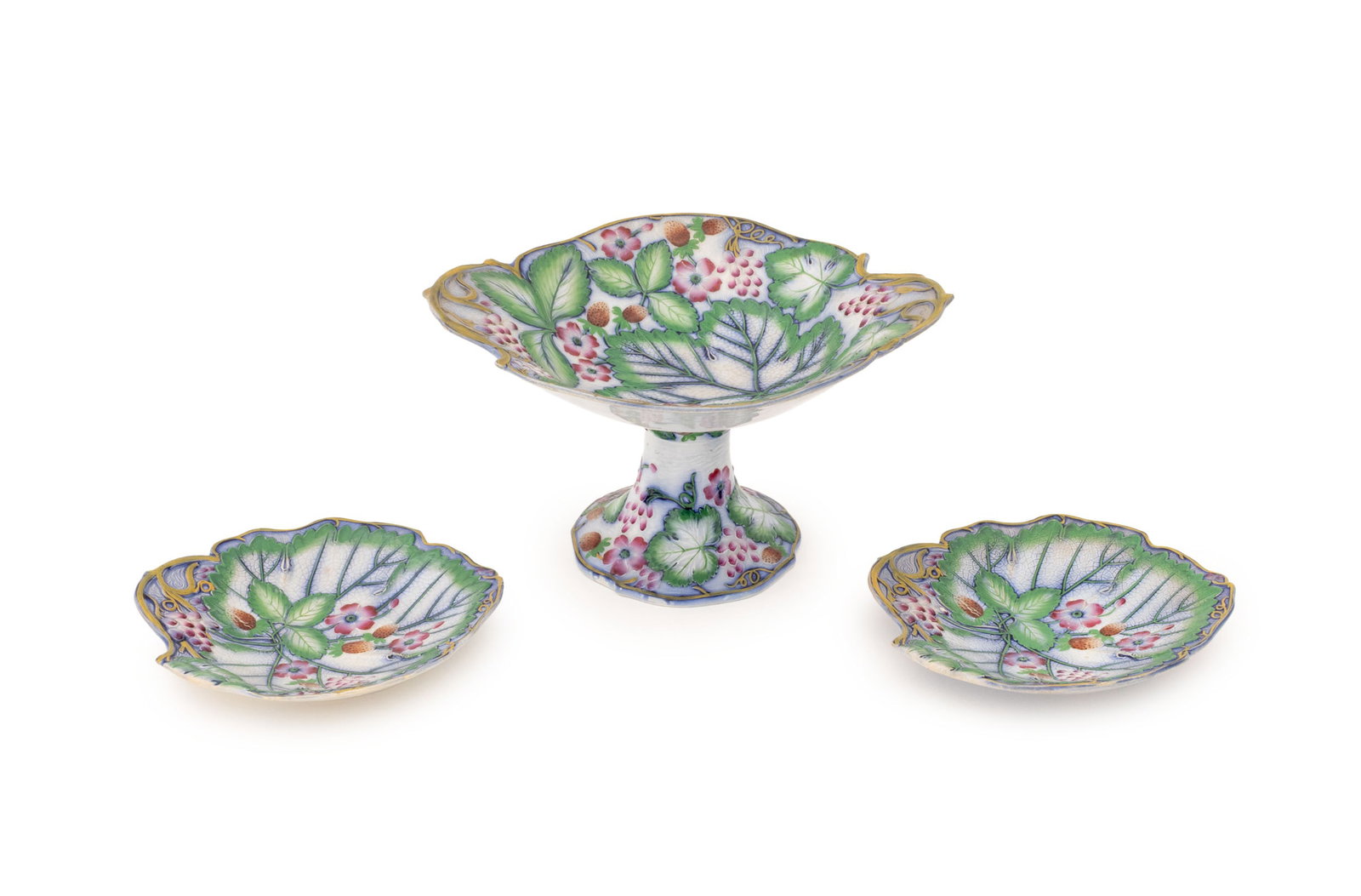 English Strawberry and Grape Motif Tableware, 3: Three Pieces of English Strawberry and Grape Leaf Motif Ceramic Tableware, centerpiece and two dishes, with sky-blue ground. Centerpiece: 9" H x 12" W x 6.5" D. Provenance: From a Tribeca Estate.