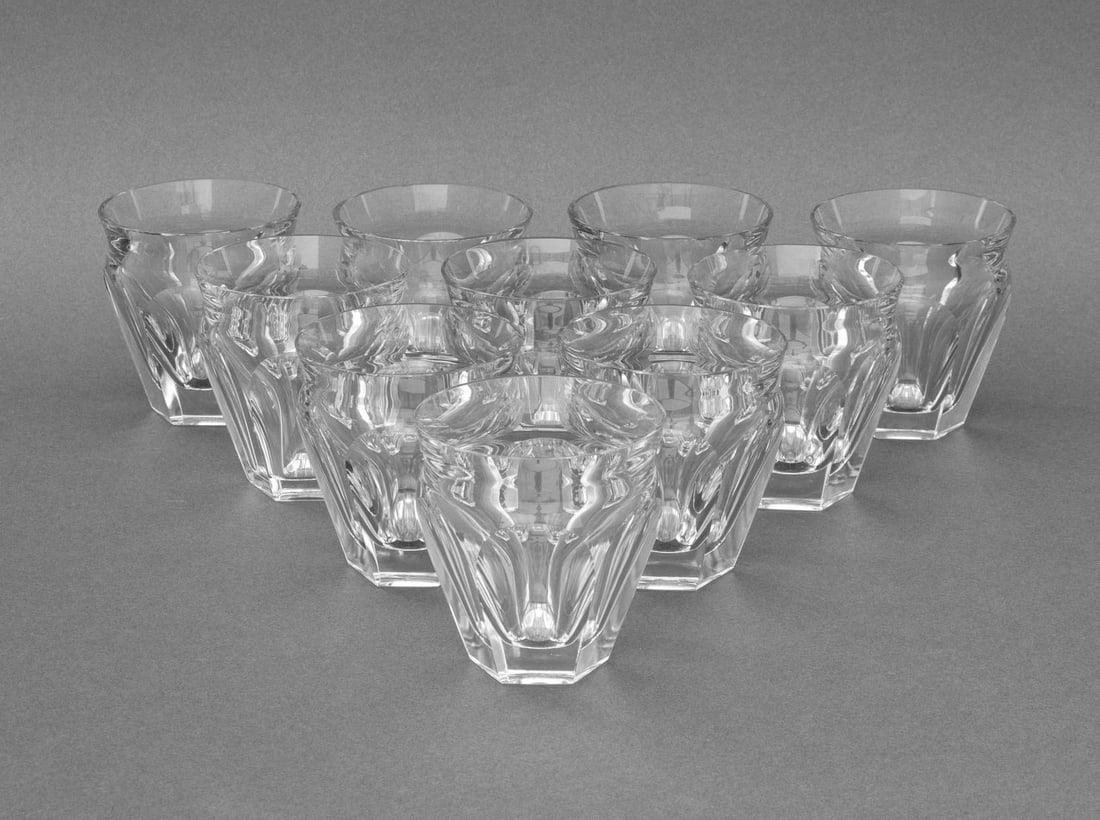 Baccarat "Harcourt Talleyrand" Tumblers, 10: Set of Ten Baccarat "Harcourt Talleyrand" Pattern Crystal Tumblers, each with Baccarat etched mark to underside. 3.5" H x 3.25" Diameter. Provenance: From an East 86th Street Estate. Keywords: Designe