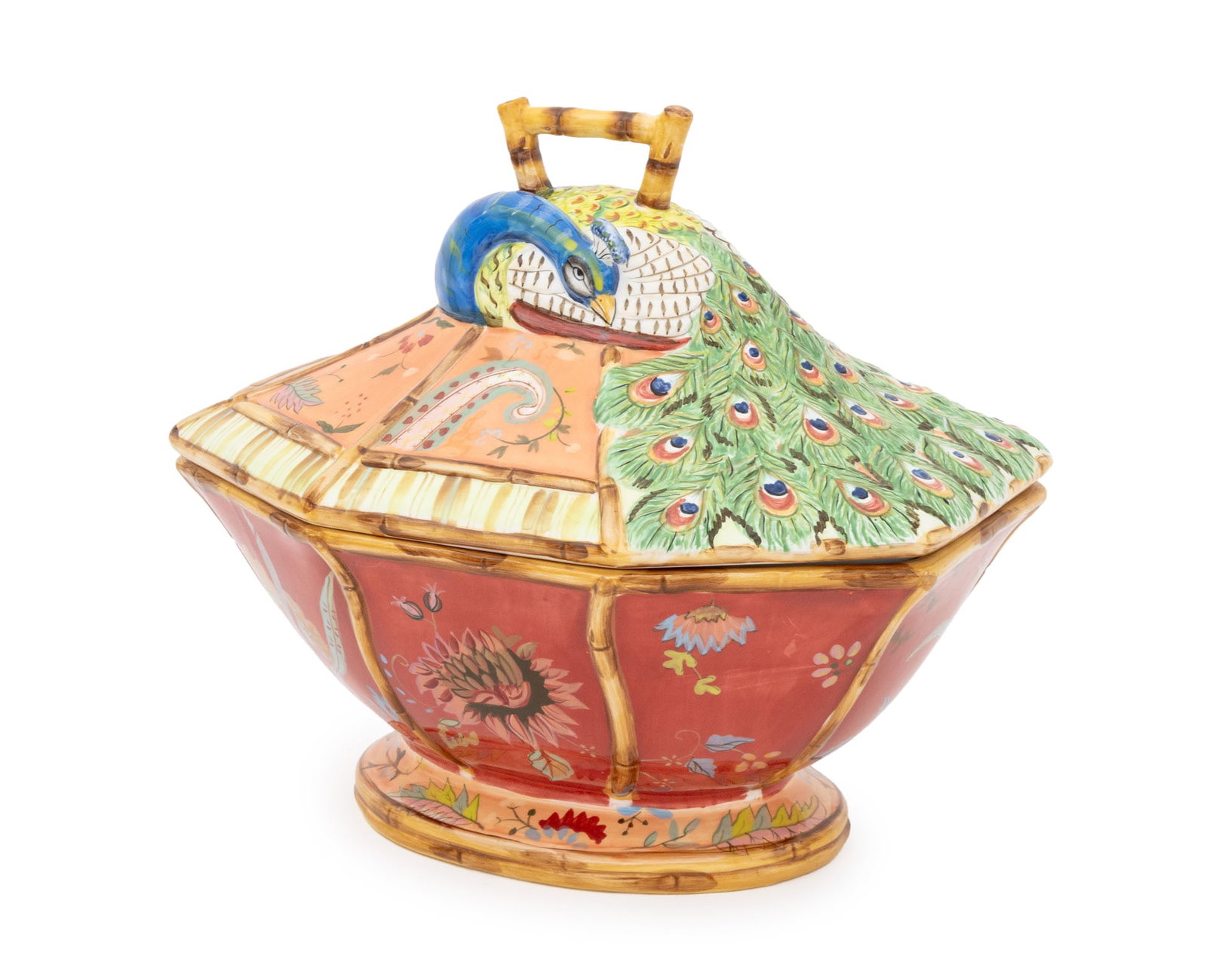 Tracy Porter Peacock Motif Covered Tureen: Tracy Porter Peacock Motif Covered Tureen, hand-painted ceramic, with bamboo form handle and marked "Tracy Porter / The Artesian Road Collection / Hand Painted / Dare Yourself to Dream ~Tracy Porter /