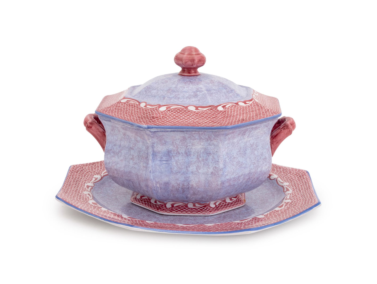 Segries Moustiers Porcelain Covered Tureen: Segries Moustiers France Porcelain Covered Tureen, in purple and pink wave design, marked to underside. 8" H x 13.25" W x 13.25" D. Provenance: From a Tribeca Estate. Keywords: Ceramics, French