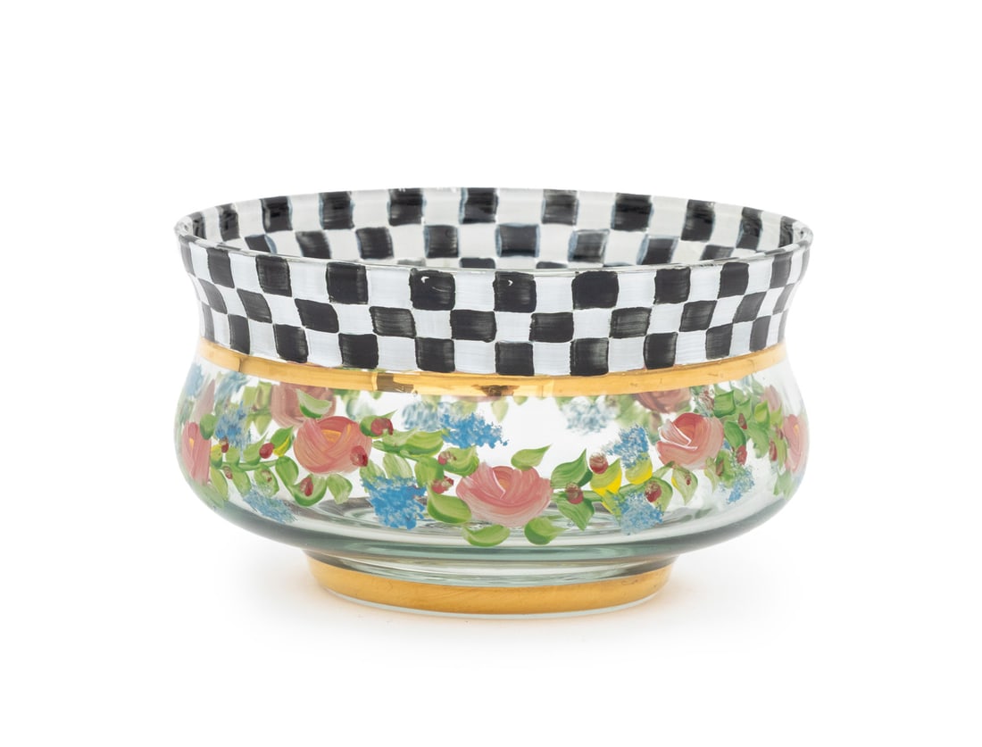 MacKenzie-Childs "Heirloom" Glass Bowl, 1993: Victoria and Richard MacKenzie-Childs "Heirloom" Painted Glass Bowl, 1993, with black and white checkered trim and floral design to the body, marked to underside. 2.5" H x 4.25" Diameter. Provenance: 