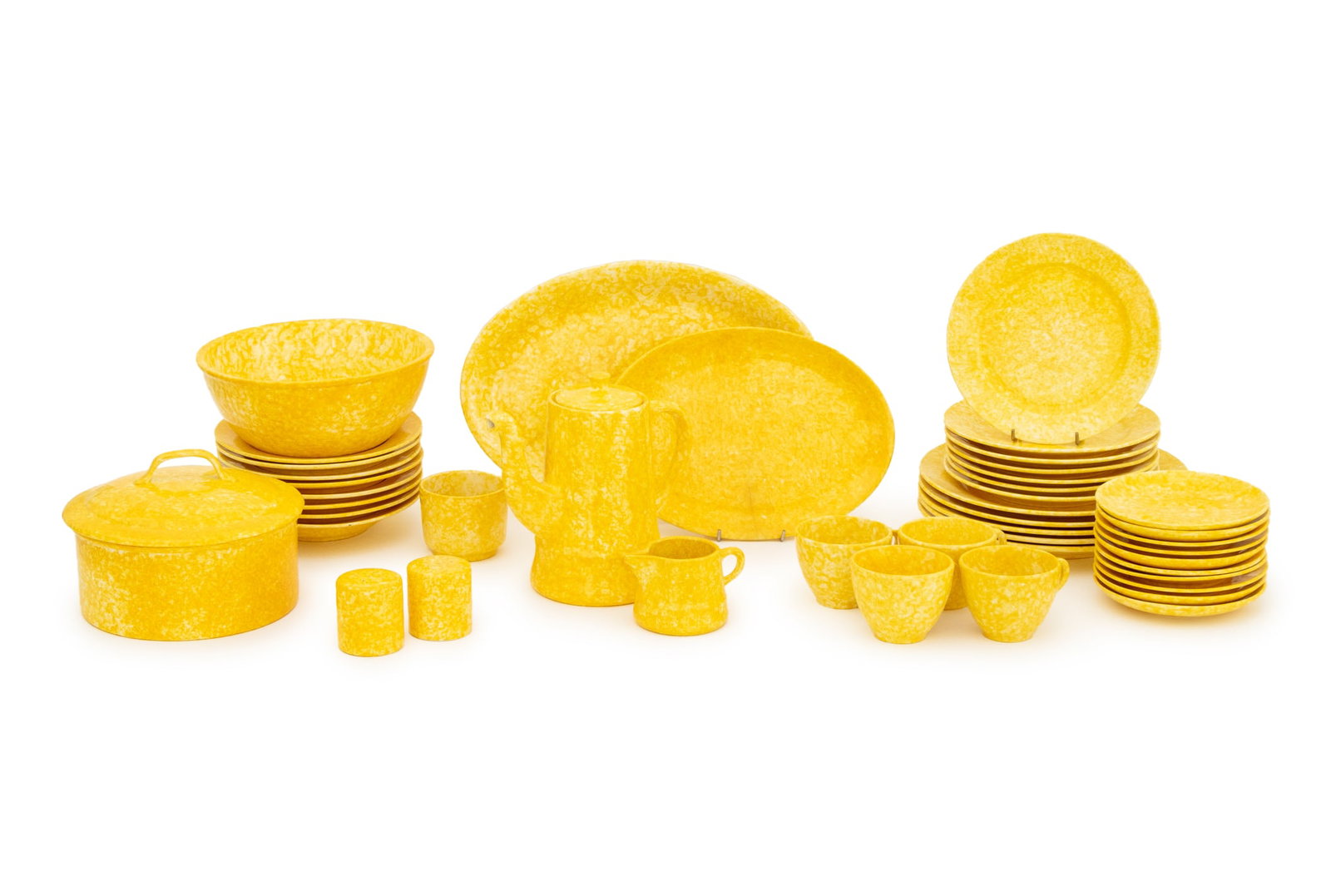 Stangl x Tiffany & Co. "Caughley" Part Service, 43: Stangl for Tiffany and Company "Yellow Caughley" Pattern Painted Ceramic Partial Tableware Service, comprising: five (5) teacups, ten (10) saucers, one (1) creamer, one (1) teapot, (2) salt and pepper