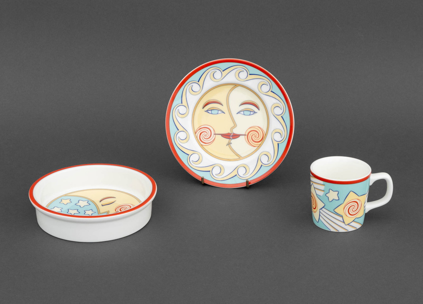Tiffany & Co. "Celestial" Child's Dinner Set, 3: Tiffany and Company "Celestial" Children's Porcelain Dinner Service, each marked "Celestial / by / Tiffany & Co. / Made in Japan / c. 1996 Tiffany & Co." underside, comprising: plate, cereal bowl,