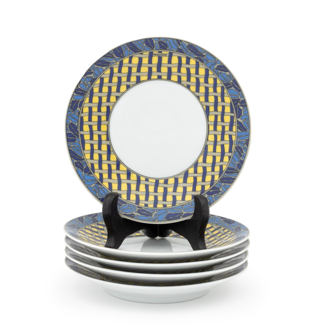 Christofle "Pergola" Bread and Butter Plates, 5: Set of Five Christofle "Pergola" Pattern Porcelain Bread and Butter Plates, marked to undersides. 5.5" Diameter x 1" H. Provenance: From a Tribeca Estate. Keywords: Vintage, French Ceramics,