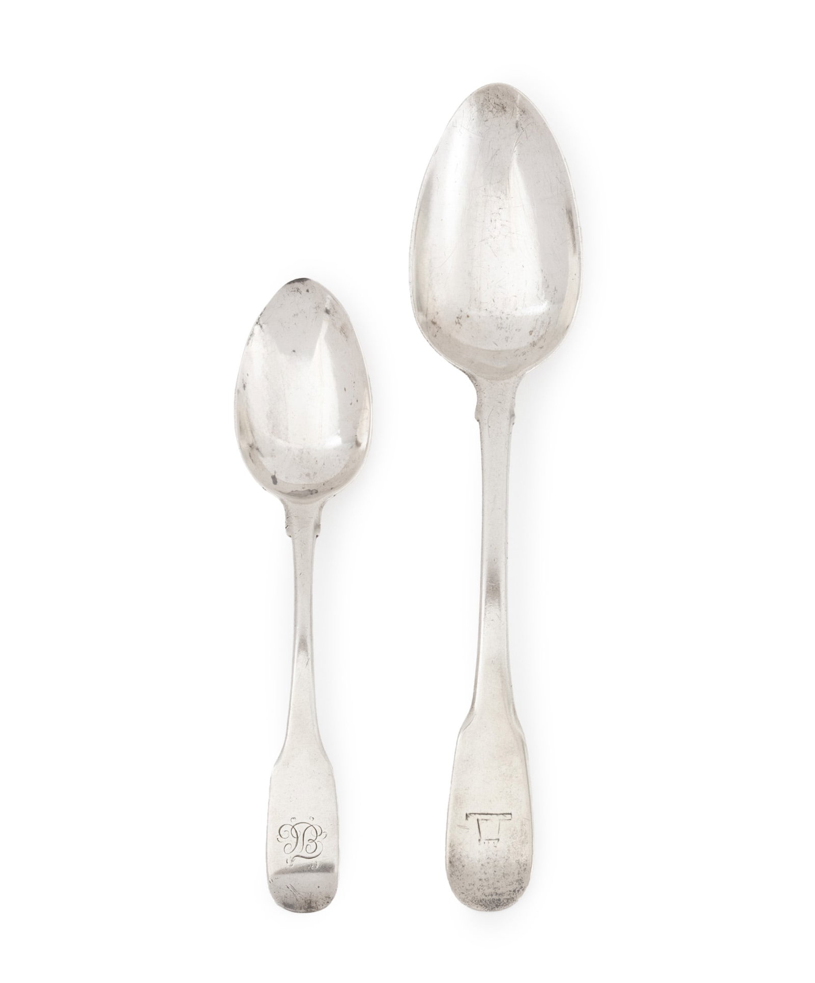 George III Sterling Silver Spoons, 2: Two George III Sterling Silver Spoons, one teaspoon monogrammed "ETC", with maker's marks for Henry Nutting or Hannah Northcote, London, 1799, and one tablespoon, with lighthouse engraved to the handl