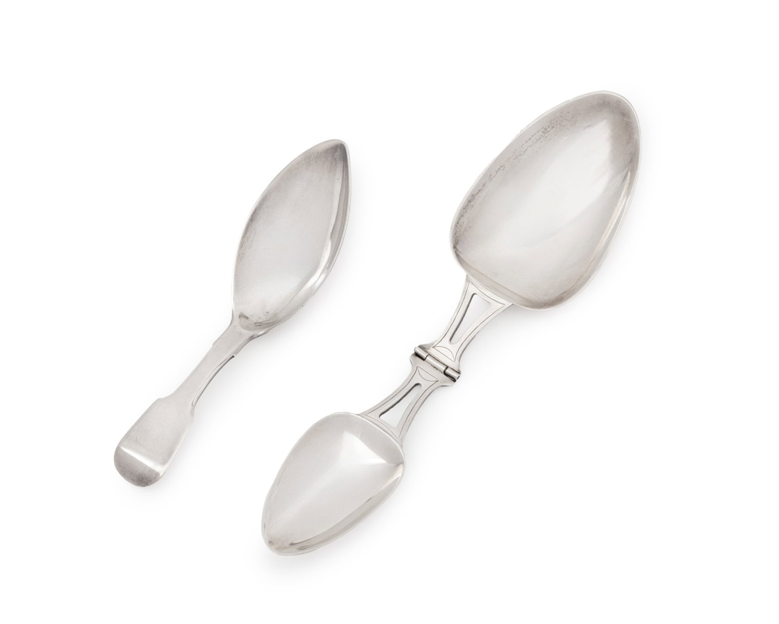 Antique Sterling Silver Children's Spoons, 2: Two Antique Sterling Silver Children's Spoons, one George III, struck with marks for William Bateman I, London, 1819, and one R. Blackinton & Co. folding spoon, marked to underside. Weight: 2.06 ozt.;
