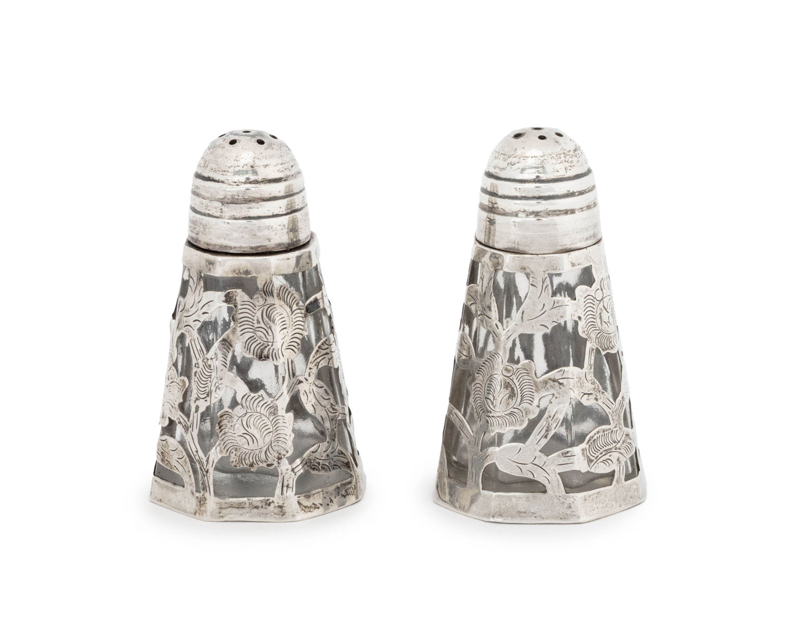 Mexican Silver Overlay Salt & Pepper Shakers, Pair (1 of 8)