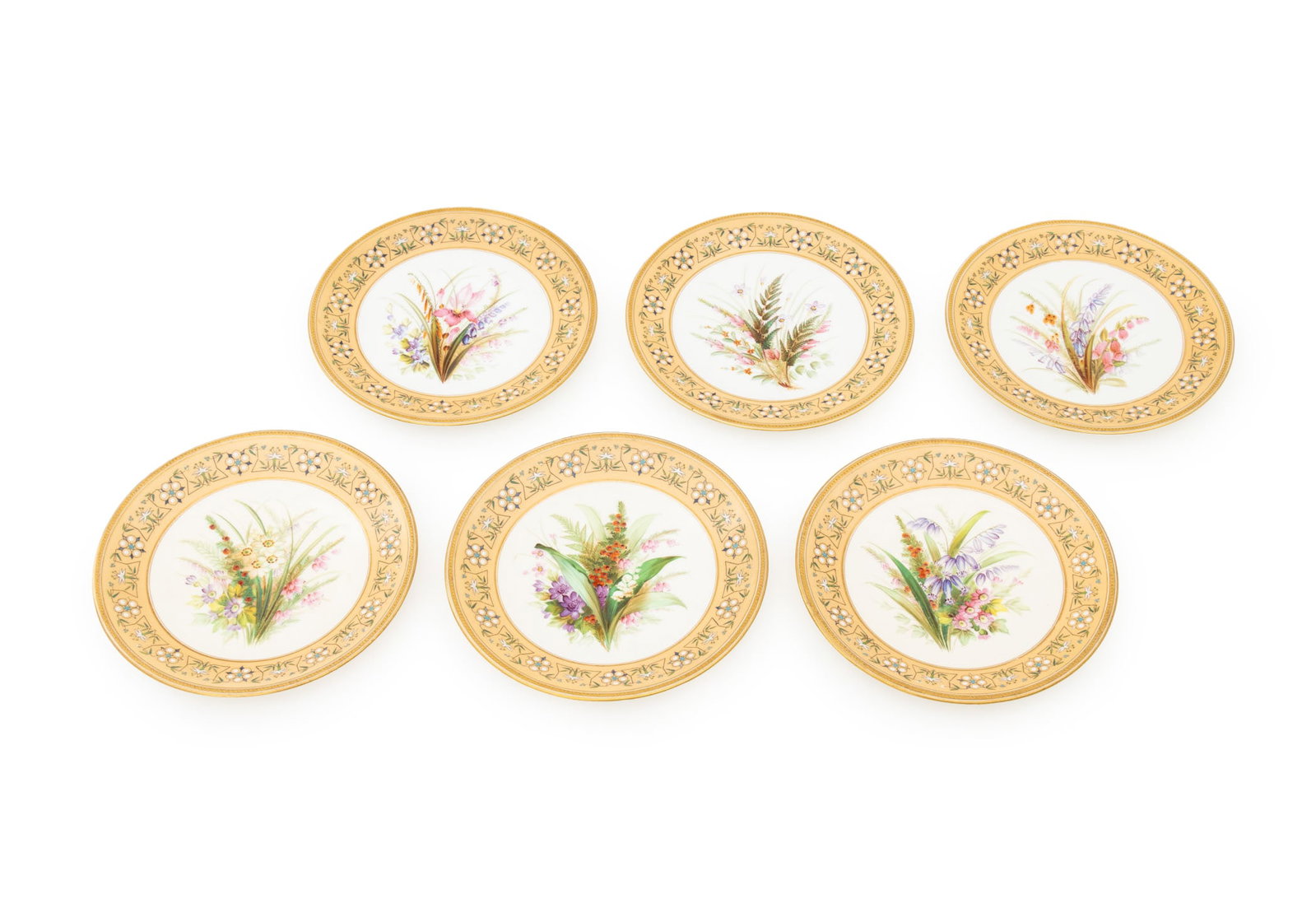 Royal Worcester Victorian Botanical Plates, 6: Set of Six Royal Worcester Victorian Period Botanical Motif Cabinet Plates, 19th century, hand-painted porcelain, each marked. 9" Diameter x 1" H. Provenance: From a New York City Collection. Keywords
