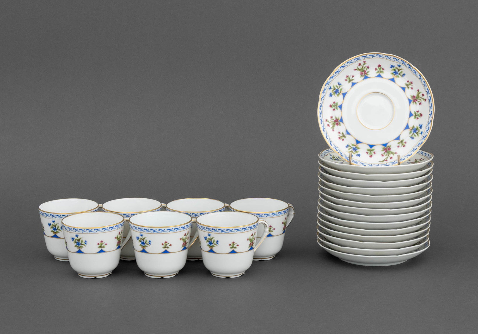 Bernardaud "Chateaubriand" Part Tea Service, 22: Bernardaud "Chateaubriand Blue" Limoges Porcelain Partial Tea Service, each marked "L. Bernardaud & Co. / Limoges / "Chateaubriand" B & Co / Limoges / France" underside, comprising: seven (7) tea cups