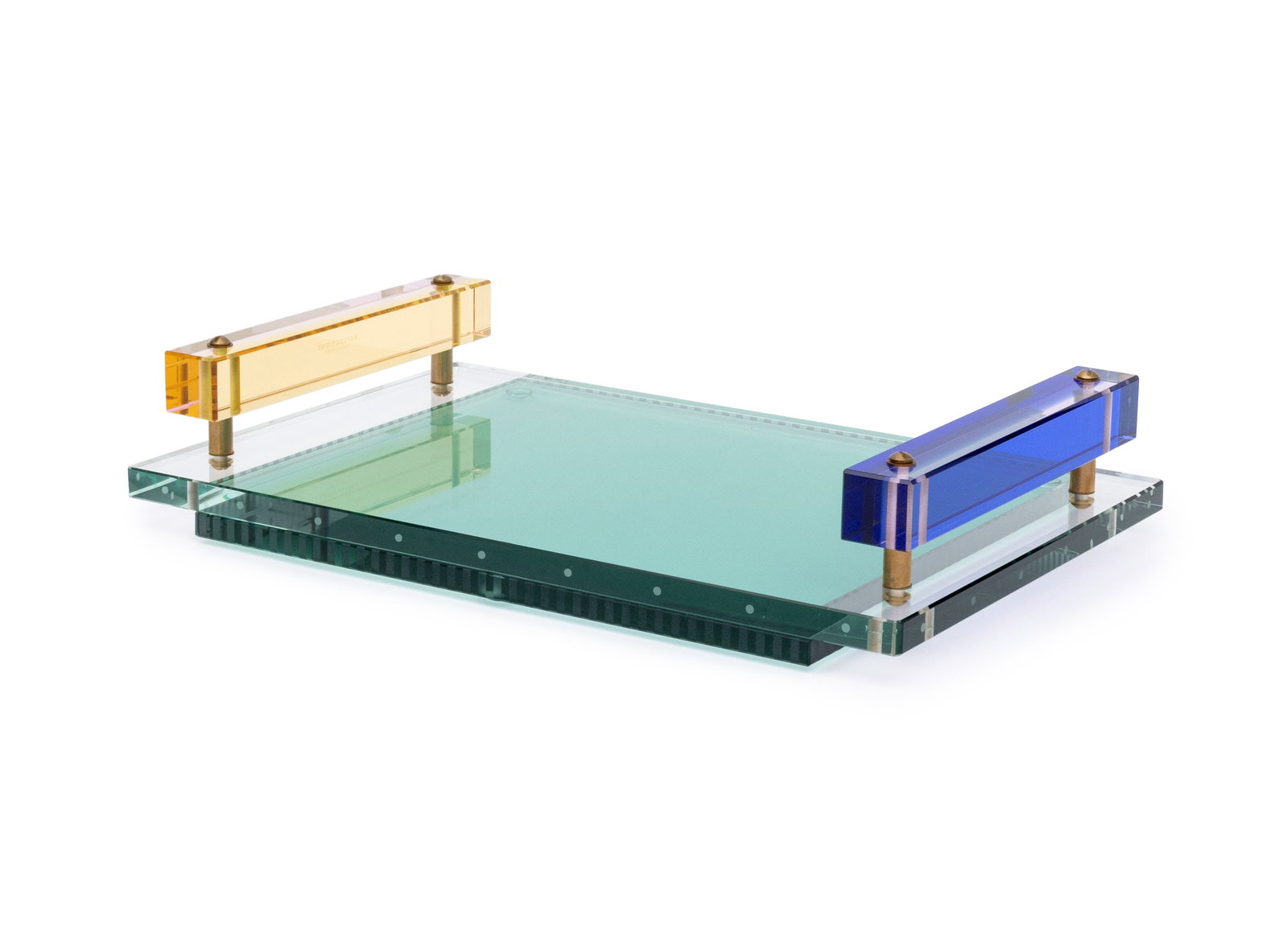 Reflections Copenhagen "Panama" Glass Serving Tray: Reflections Copenhagen "Panama" Glass Serving Tray, with pink, yellow, and blue glass handles above green tinted and clear glass surface, marked to handle. 3" H x 15.75" W x 10.25" D. Provenance: From