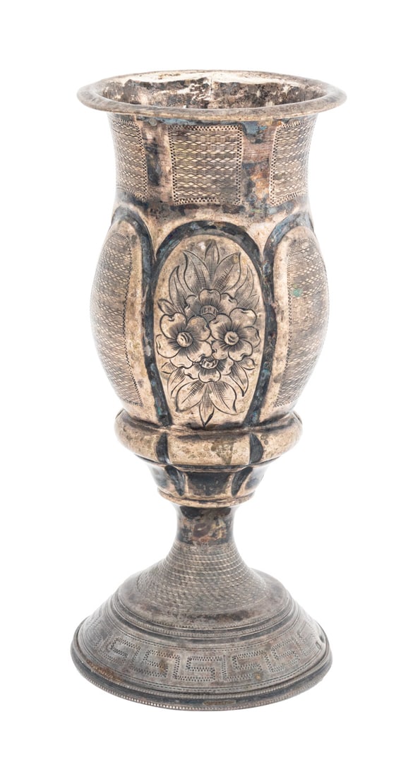Austro-Hungarian Silver Kiddush Cup, Pre-WWII: Austro-Hungarian 800 Silver Kiddush Cup, with engraved floral and geometric decoration, marked with the Austro-Hungarian hallmark above the rim for 1872-1922. Weight: 5.86 ozt.; 7.25" H x 3.25" Diamet