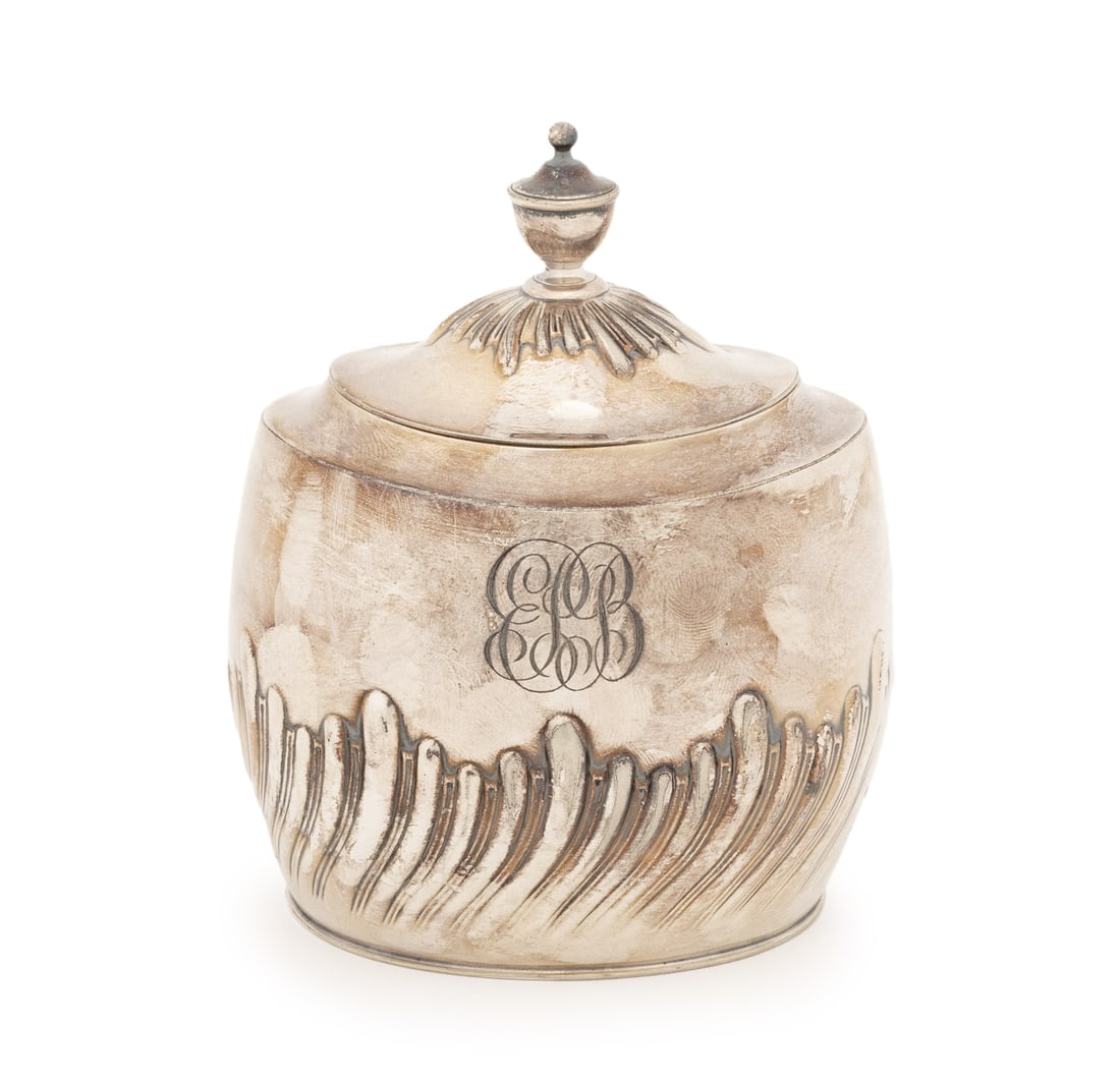 Tiffany & Co. Makers Silver Plate Tea Caddy: Tiffany and Company Makers Silver Plate Tea Caddy, with initials "EB" to front, struck with marks "Tiffany & Co. / 10032 Makers 210 / Silver Soldered E.P. / P" to underside. 4.5" H x 3.5" W x 2.75" D.