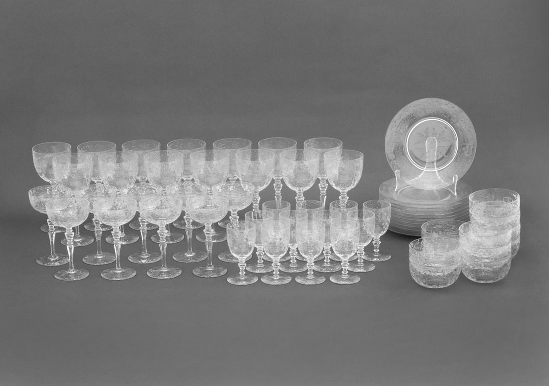 Floral Motif Etched Glass Tableware, 56 Pcs. (1 of 19)