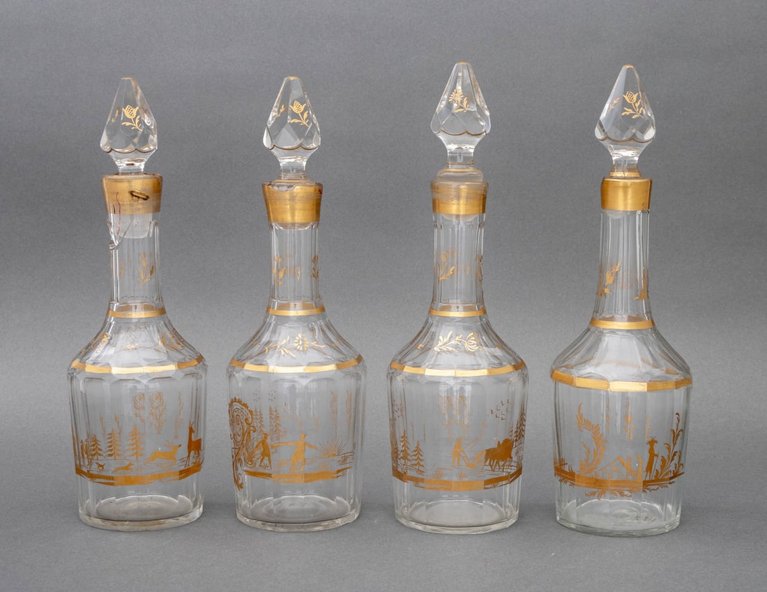 Chinoiserie Gilt Crystal Decanters, 19th C., 4: Set of Four Chinoisierie Motif Hand-Painted Gilt Crystal Decanters, 19th century. 12" H x 3.75" Diameter. Provenance: From a New York City Collection. Keywords: Art Glass, Stoppered bottles, Drinkware