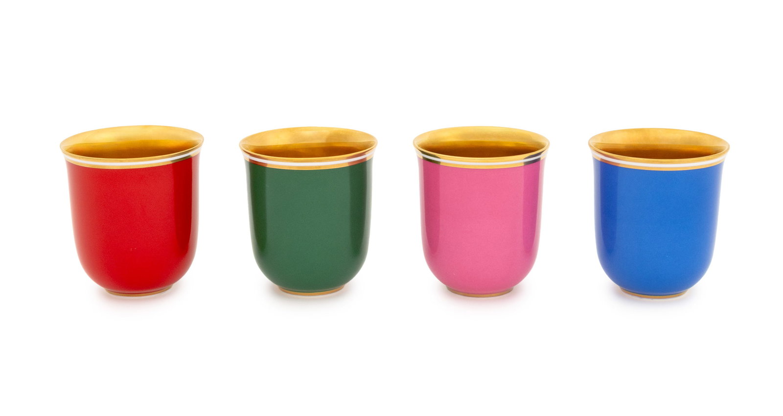 Neue Galerie "Golden Morning" Cups, 4: Set of Four Neue Galerie "Golden Morning" Cups, blue, fuchsia, green, and red hand-painted bone china with 24K matte gold, hand-burnished interiors, all marked "Neue Galerie / New York" to