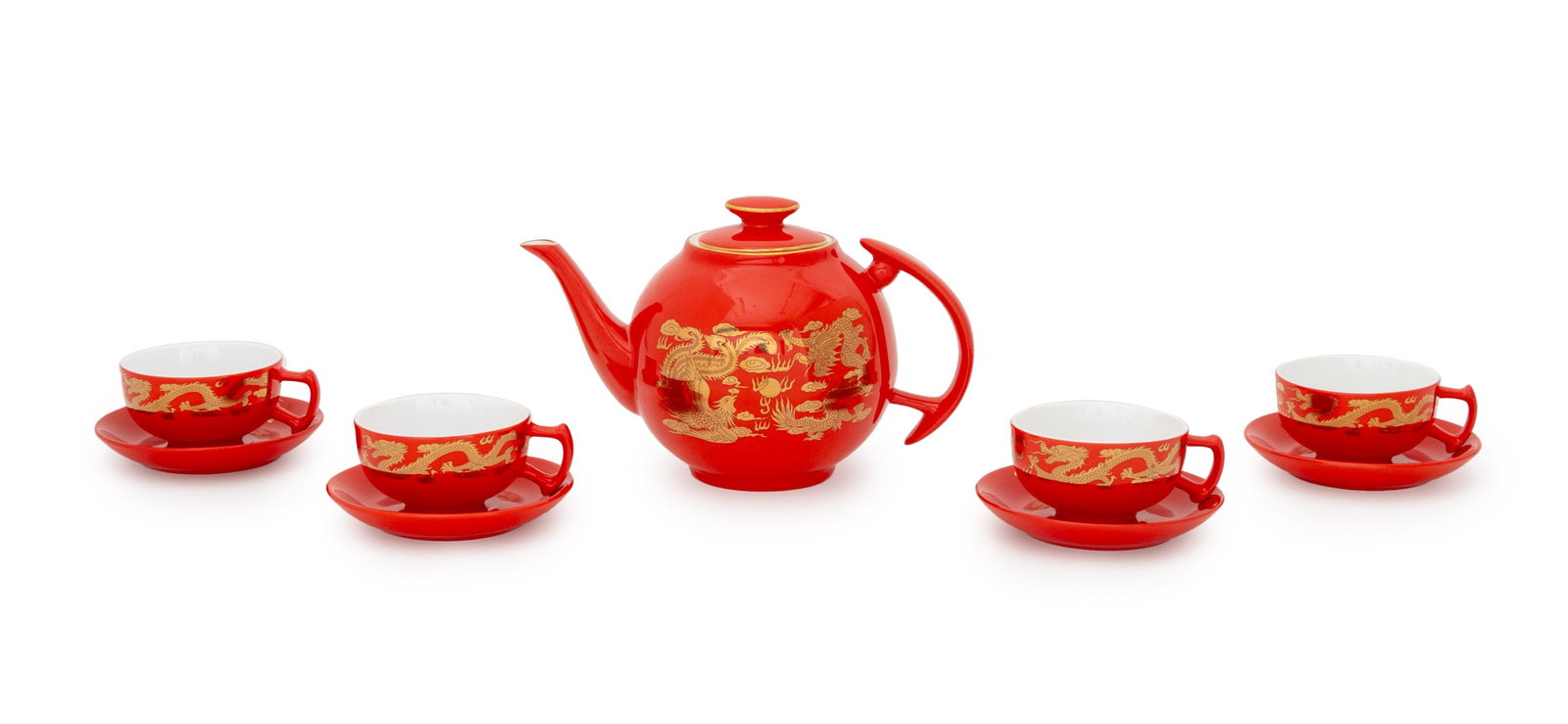 Chinese Red Porcelain Tea Service Set for Four: Chinese Gilt and Red Glazed Porcelain Tea Service Set for Four, with gilded dragon motif, comprising: teapot, four teacups, and four saucers, marked to undersides, with yellow silk fitted red leather