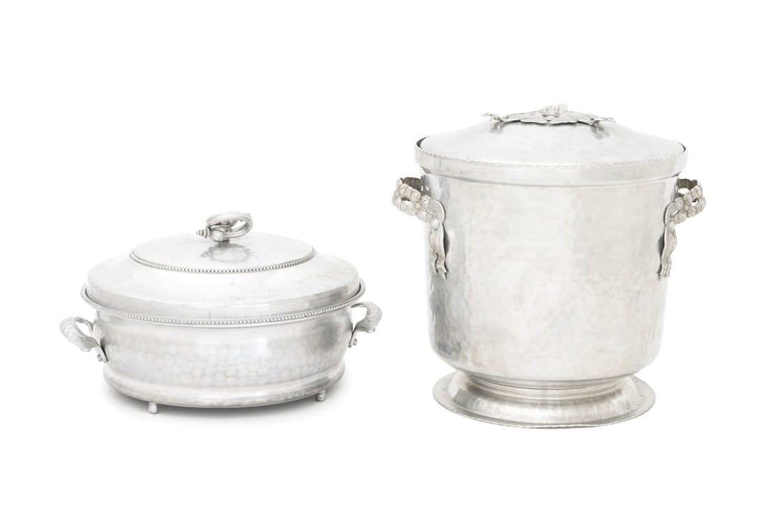 Art Deco Hammered Aluminum Covered Vessels, 2: Two Art Deco Hammered Aluminum Covered Vessels, an unmarked ice pail with liner and a Buenilum covered serving dish on stand, marked "B W / Buenilum" to underside of bowl. Taller: 9" H x 10.25" W x 8.