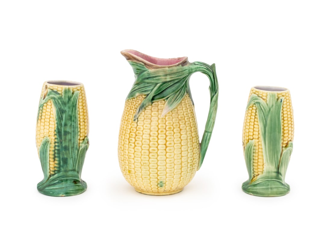 English Majolica Corn Form Pitcher & Vases, 3 Pcs. (1 of 14)