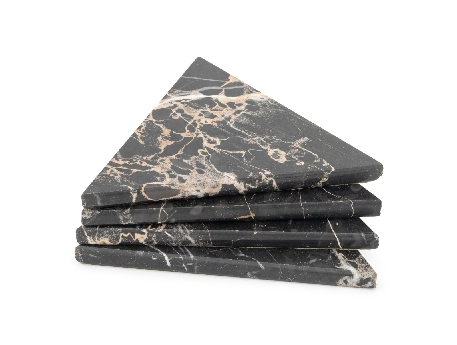 Italian Black Portoro Marble Triangle Coasters, 4: Set of Four Italian Black Portoro Marble Triangular Coasters, each with label "Made in Italy / Expressly for / Bergdorf Goodman" to underside. 4.25" L x 5" W x 0.25" D. Provenance: From a New York Cit