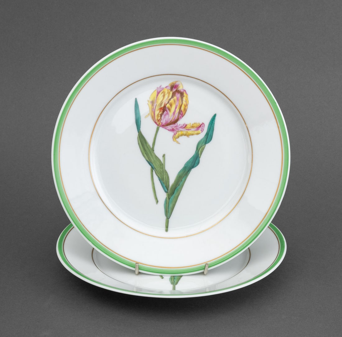 Asprey Limoges Porcelain Tulip Motif Plates, Pair: Pair of Asprey Limoges Hand-Painted Porcelain Tulip Motif Dinner Plates, each marked "Limoges / France" and "Handpainted BK / for Asprey". 8.75" Diameter x 1" D. Provenance: From a 21 East 87th Street