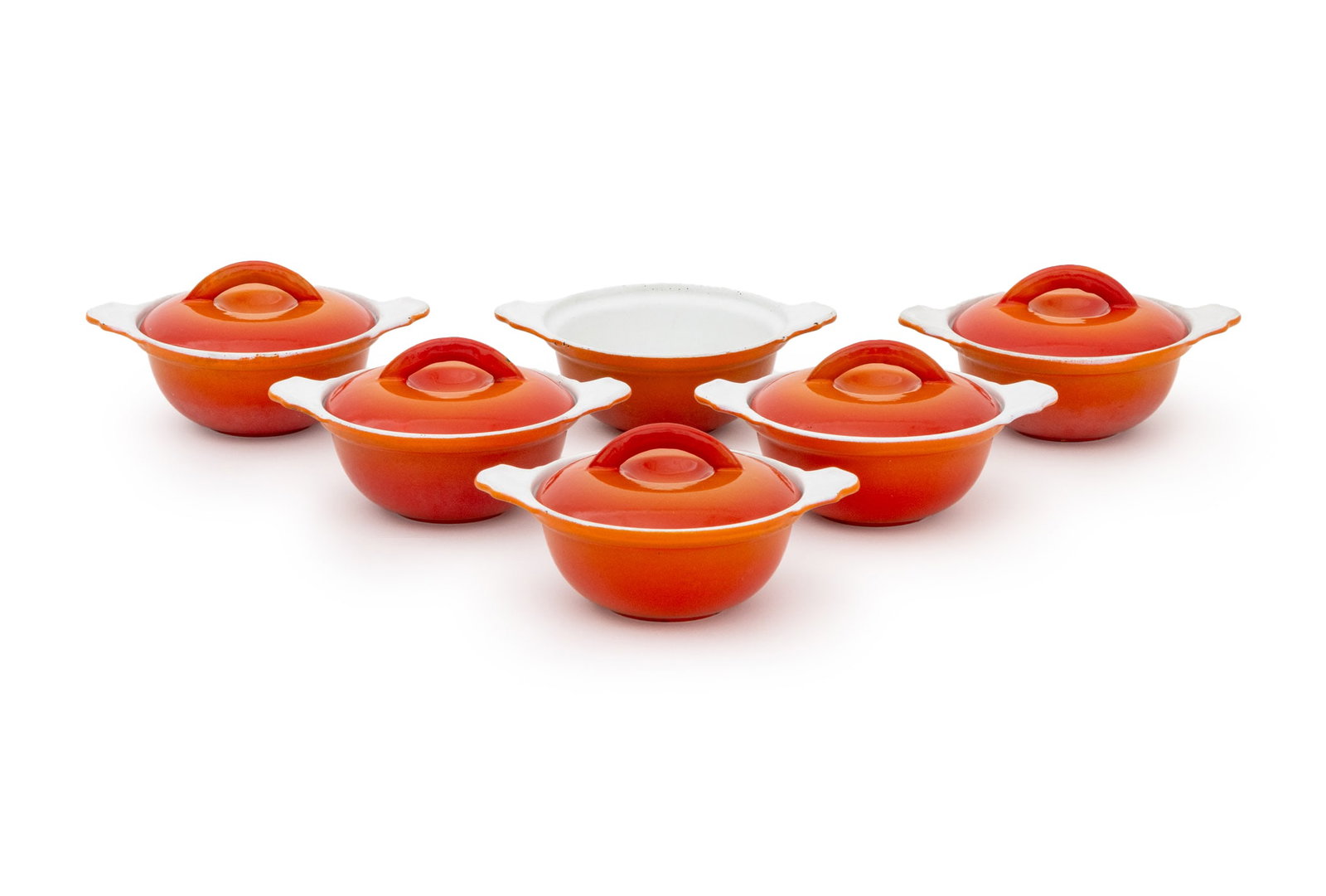 Belgian Descoware Covered Soup Bowls, 6: Set of Six Belgian Descoware Covered Soup Bowls, in red and orange gradient, marked "FE 12 / Made in Belgium" to underside. 3" H x 6.5" W x 4.75" D. Provenance: From an Upper West Side Estate. Keyword