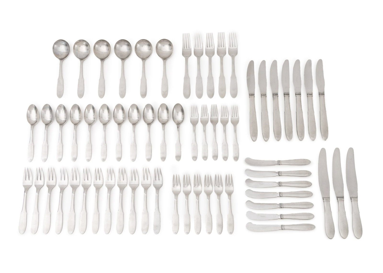 Georg Jensen "Mitra" Flatware Service, 62 Pcs.: Georg Jensen "Mitra" Pattern Stainless Steel Partial Flatware Service, each marked "Georg Jensen Stainless / Made in Denmark" to reverse, comprising: five (5) luncheon forks, five (5) dinner forks, tw