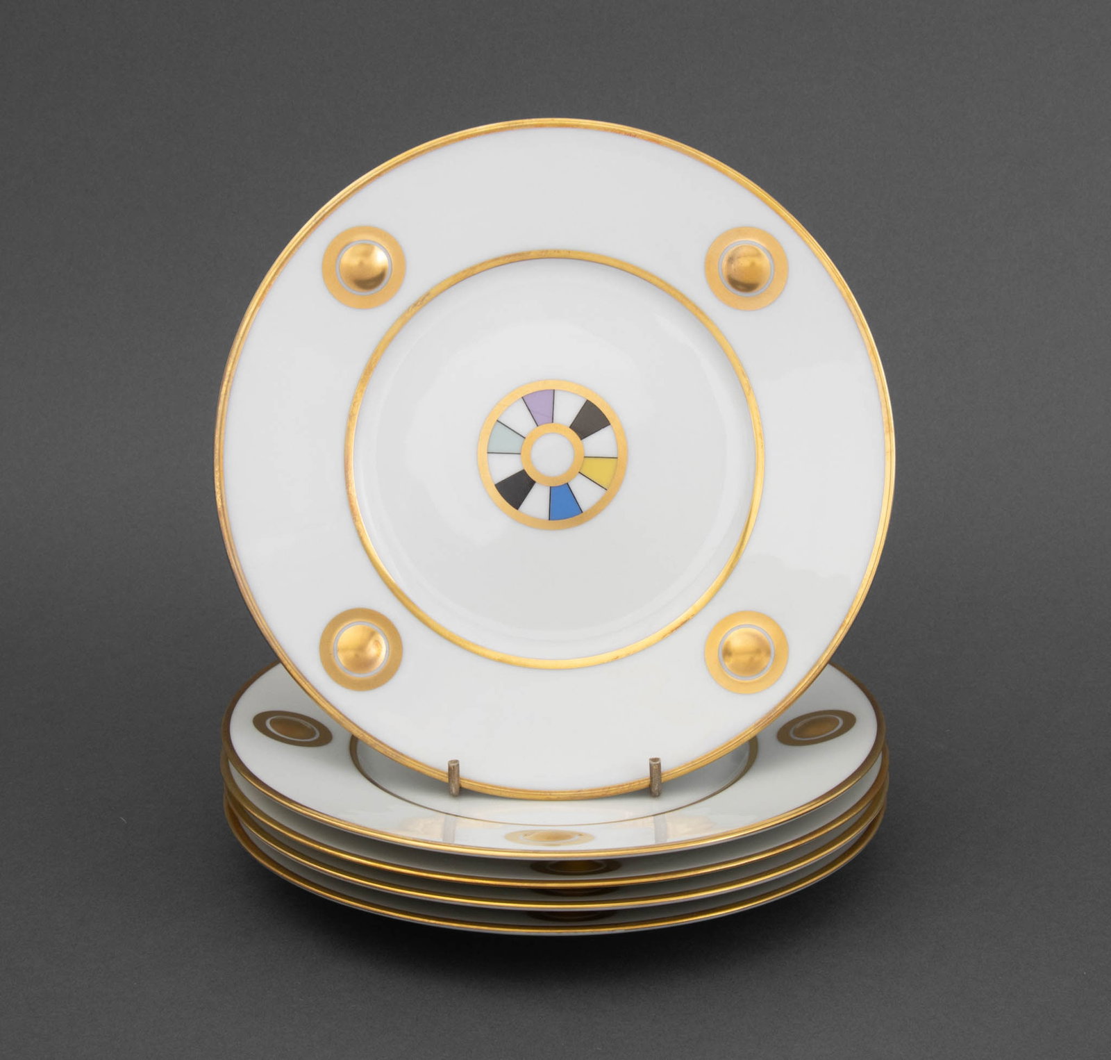 Olivier Gagnere for Bernardaud "Lipair" Plates, 5: Set of Five Olivier Gagnere for Bernardaud Porcelain "Lipair" Pattern Dessert Plates, each marked "Bernardaud / Limoges / France / O. Gagnere / 'Lipair'" to underside, with original box. Overall: 3.25