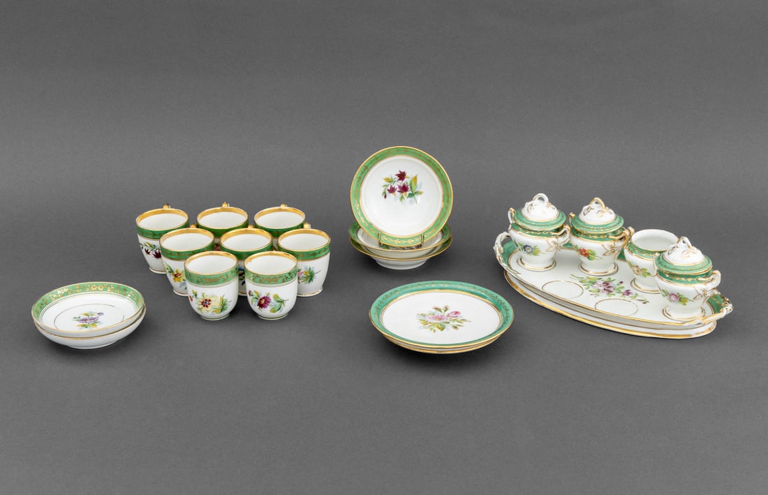 Limoges Painted Porcelain Partial Service, 19 Pcs.: Limoges Painted Porcelain Partial Tableware Service, comprising: five-piece pots de creme set, four cups with fitted oval tray, (8) eight flat cups, (5) five saucers, and (1) one footed circular tray.