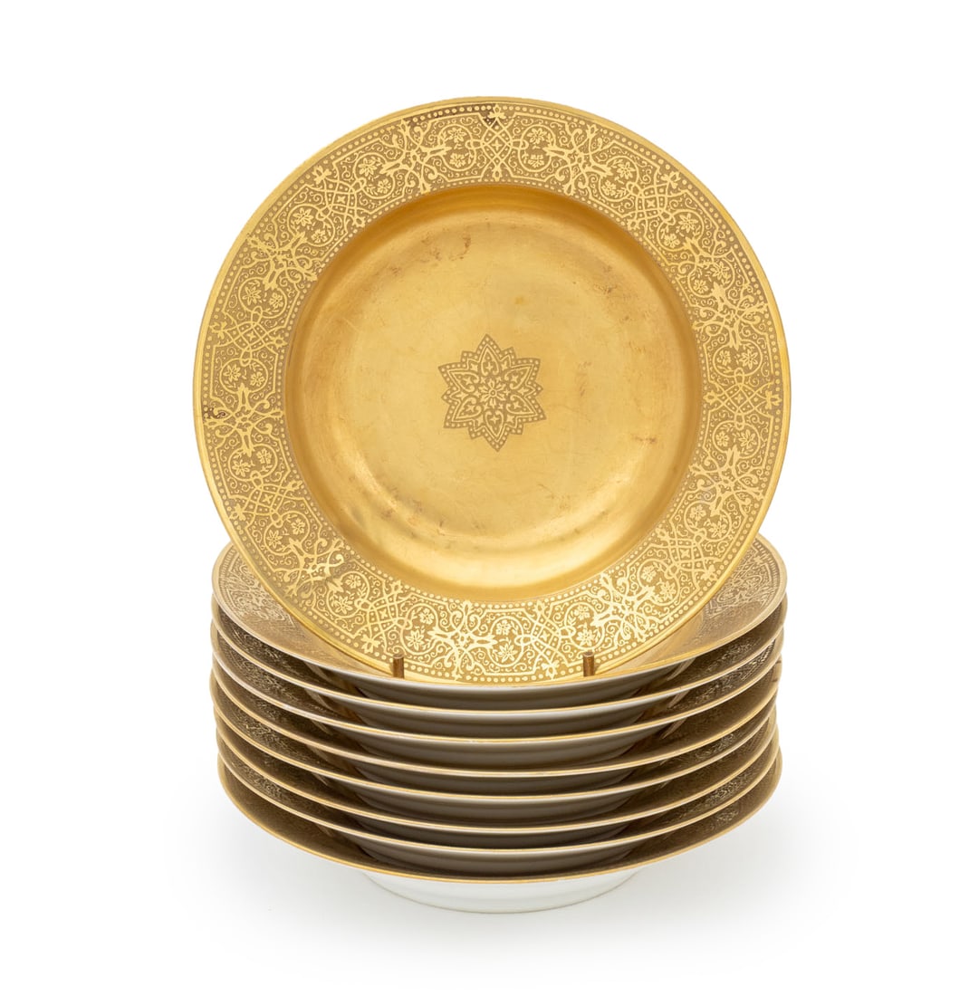 Limoges Gilt Decorated Porcelain Bowls, 9: Set of Nine Limoges Gilt Decorated Porcelain Bowls, marked to undersides. 1.5" H x 7.5" Diameter. Provenance: From a West End Avenue Collection. Keywords: French porcelain, Ceramics, Tableware,