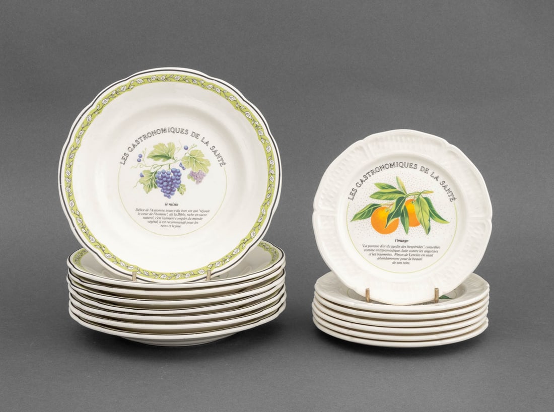 Faiencerie de Gien Partial Tableware Service, 15: Faiencerie de Gien "Les Gastronomiques de la Sante" Pattern Ceramic Partial Tableware Service, all marked and comprising: (7) bread plates and (8) soup bowls. 15 pieces total. Bowl: 7.75" Diameter x