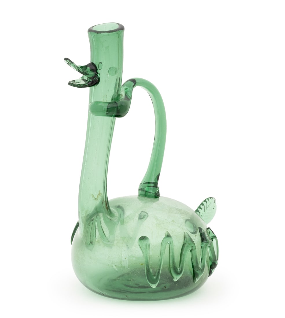 Empoli Glass Duck Form Ewer: Empoli Glass Duck Form Ewer. 14.25" H x 10" W x 8.25" D. Provenance: From a New York City Collection. Keywords: Italian Glass, Murano Glass, Venetian Glass, Blown glass, Art Glass, Studio Glass,