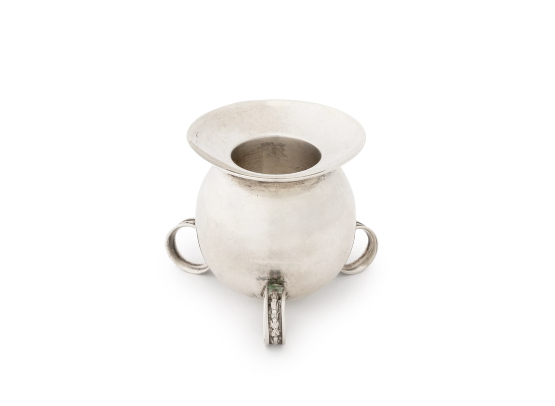 Mexican Sterling Silver Globular Candlestick: Mexican Sterling Silver Globular Candlestick, on three circular feet, marked "Hecho en Mexico D. F. / Sterling". Weight: 3.04 ozt.; 2" x 2.5" Diameter. Provenance: From a New York City Collection.