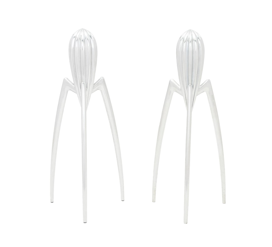 Philippe Starck x Alessi "Juicy Salif" Juicers, 2: Two Philippe Starck (French, b. 1949) for Alessi "Juicy Salif" Citrus Fruit Juicers, one with original packaging. Box: 12" L x 5.25" W x 4.5" D. Provenance: From a 500 Park Avenue Estate. Keywords:
