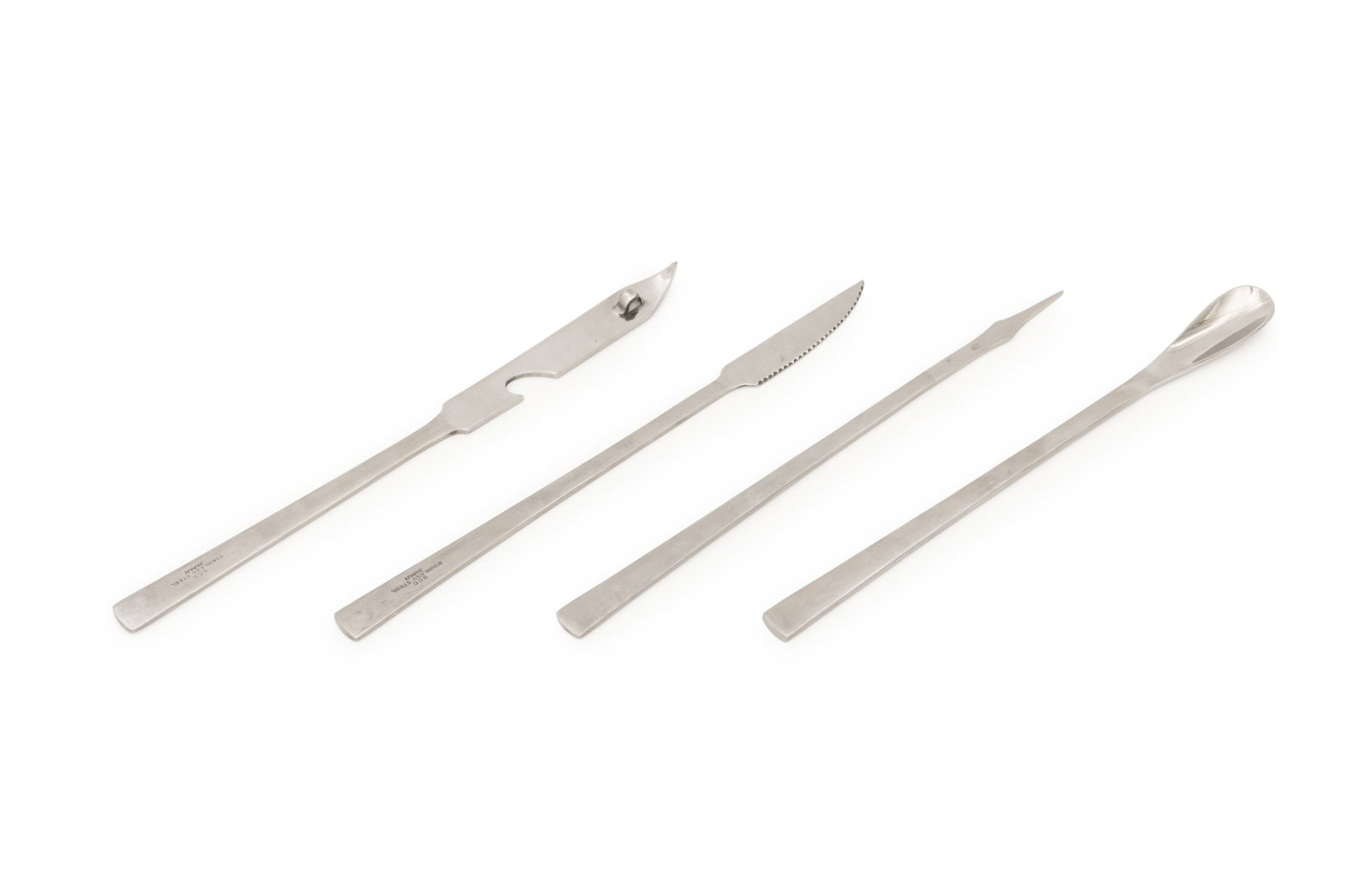 Mid-Century Modern Bar Tools Set, 4 Pcs.: Mid-Century Modern Stainless Steel Four-Piece Bar Tools Set, all marked "SCC / Stainless Steel / Japan" and comprising: a cocktail spoon, a bar knife, a bottle opener, and an olive spear. Largest: 8.7