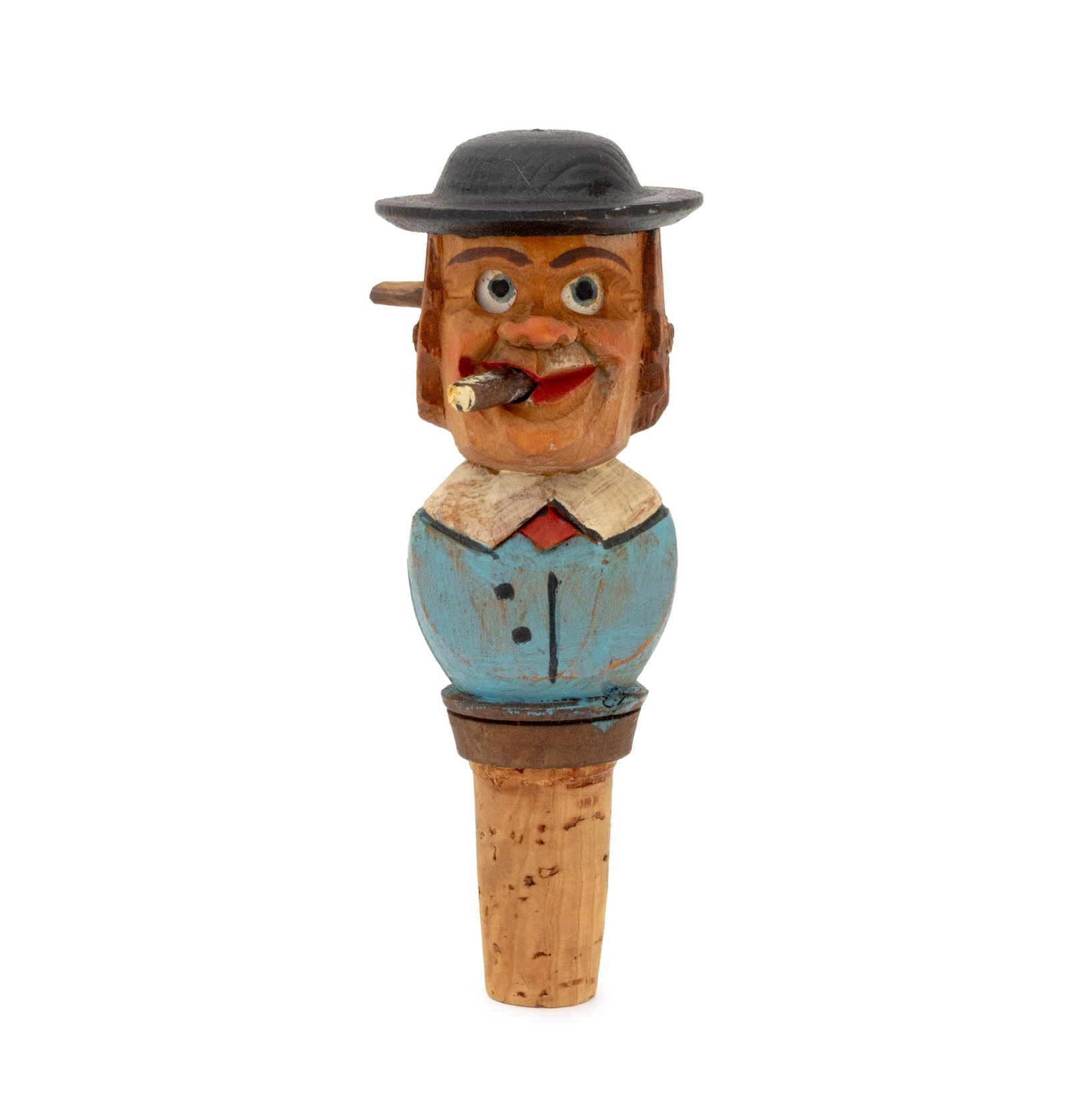 German Figural Carved & Painted Wood Wine Stopper: German Black Forest Figural Polychrome Painted and Hand-Carved Wood Articulated Wine Bottle Stopper, in the form of a man smoking a cigar. 4.75" H x 2.25" W x 1.75" D. Provenance: From a New York