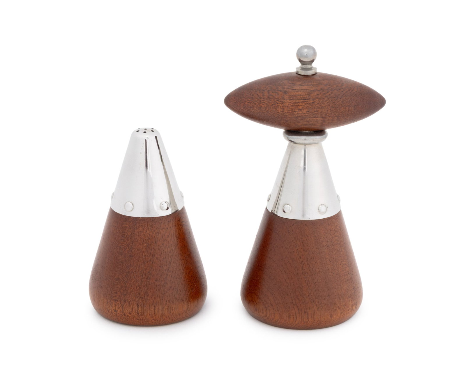 Modern Style Mahogany Salt and Pepper Shaker Set: Modernist Style Mahogany and Stainless Steel Salt and Pepper Shaker Set, with "Zepter" mark to underside. Pepper: 6.25" H x 3.75" W x 2.75" D. Provenance: From a Sutton Place Collection. Keywords: