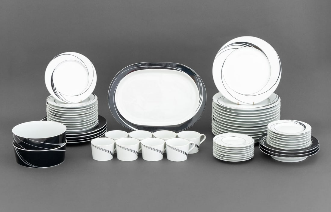 Jack Prince for Block Spal "Jewels" Service, 60: Jack Prince for Block Spal Portugal "Jewels Black Pearl" and "Jewels White Pearl" Patterns Partial Porcelain Dinnerware Service, each marked and comprising: (14) "White Pearl" dinner plates, (12) dess