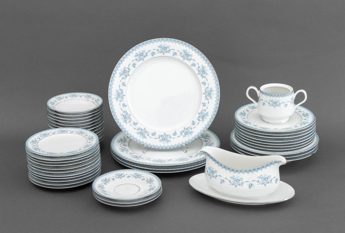 Sango "Cahill" Porcelain Part Service, 43 Pcs.: Sango "Cahill" Pattern Porcelain Partial Dinnerware Service, all marked and comprising: (1) two handled sugar bowl (lid lacking), (1) sauce boat with attached underplate, (3) saucers, (11) bread and