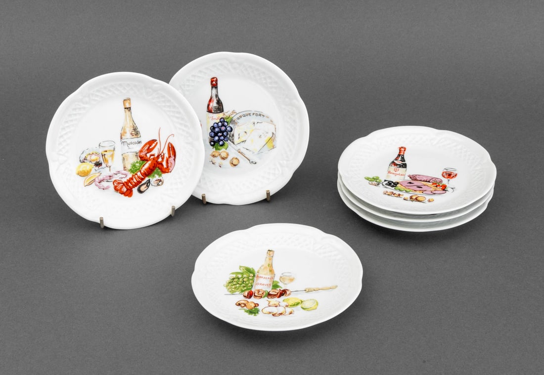 Philippe Deshoulieres "Wine & Cheese" Plates, 6: Set of Six Philippe Deshoulieres "Wine and Cheese" Pattern Porcelain Plates, each marked "Porcelaine / Philippe Deshoulieres / France" to underside. 5.5" Diameter x 0.75" D. Provenance: From a