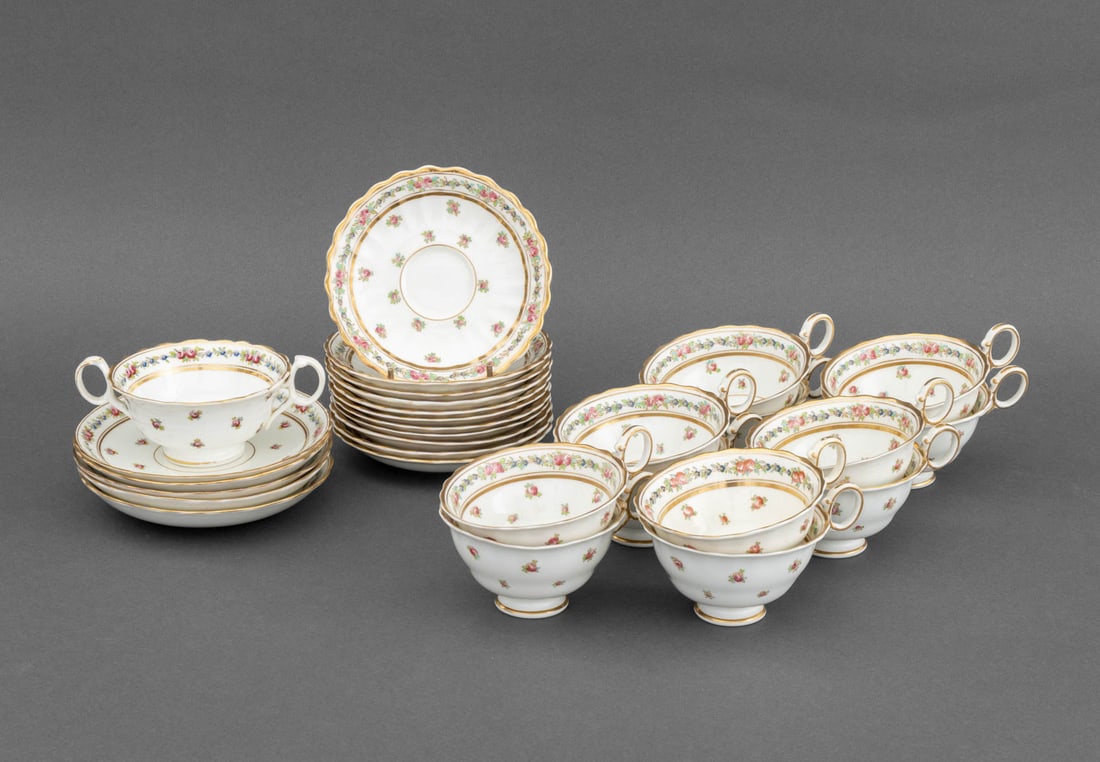 Cauldon England Breakfast Service, 29 Pcs.: Cauldon England Partial Breakfast Service, pattern K3616 with blue cornflowers, pink roses, and gilt accents, comprising: (12) teacups, (1) double handled bouillon cup, (11) saucers, and (5) dishes,