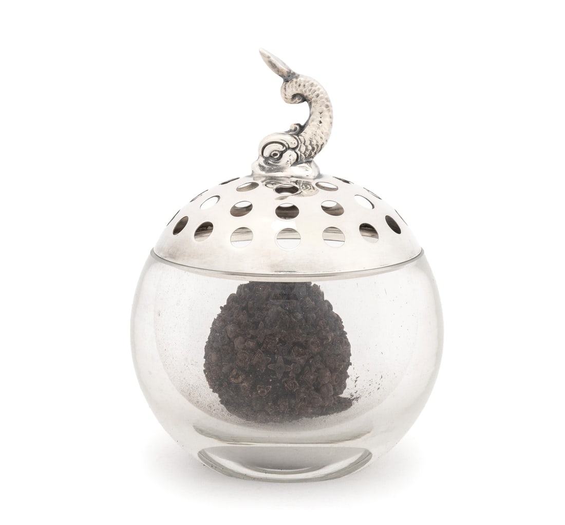 German Dolphin Motif Silver and Glass Flower Frog: German 835 Silver and Glass Flower Frog, the silver top with porpoise finial, struck with marks for Gebruder Deyhle to rim of lid. Weight of lid: 1.70 ozt; 5.25" H x 4" Diameter. Provenance: The Estat