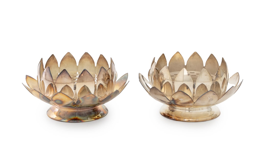 Italian Lotus Form Silver Plate Flower Frogs, Pair (1 of 11)