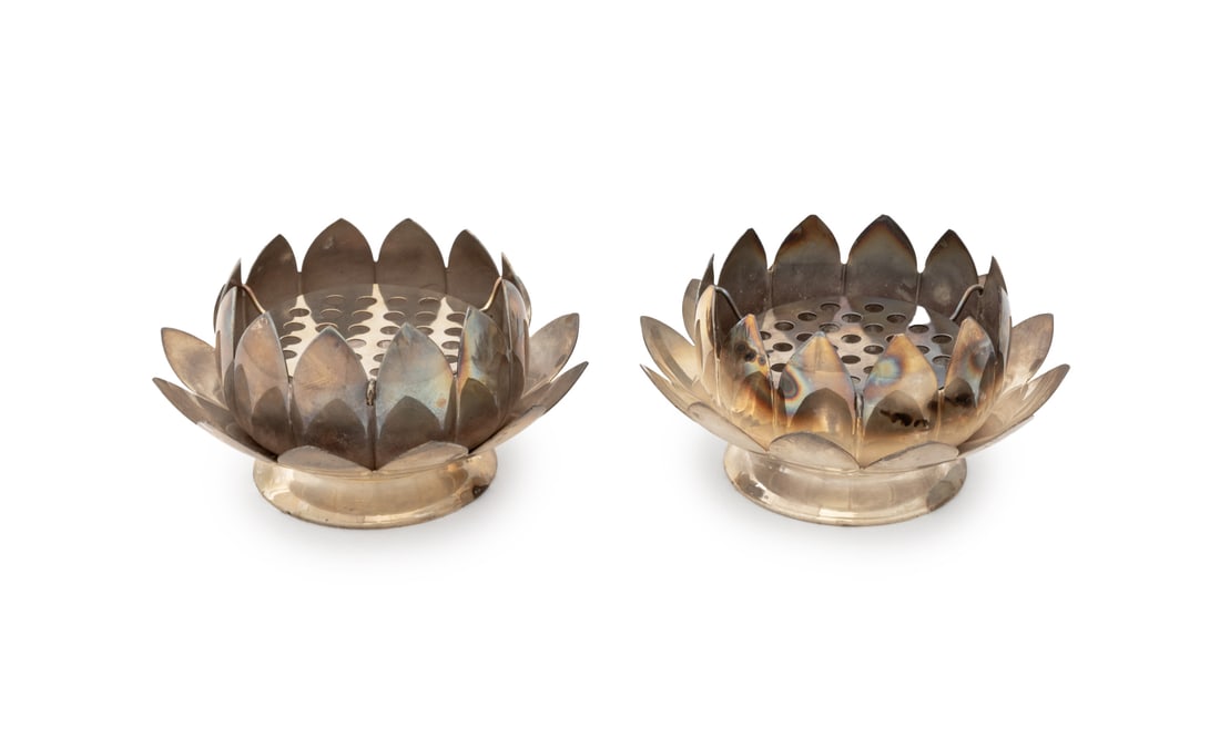 Italian Lotus Form Silver Plate Flower Frogs, Pair (1 of 10)
