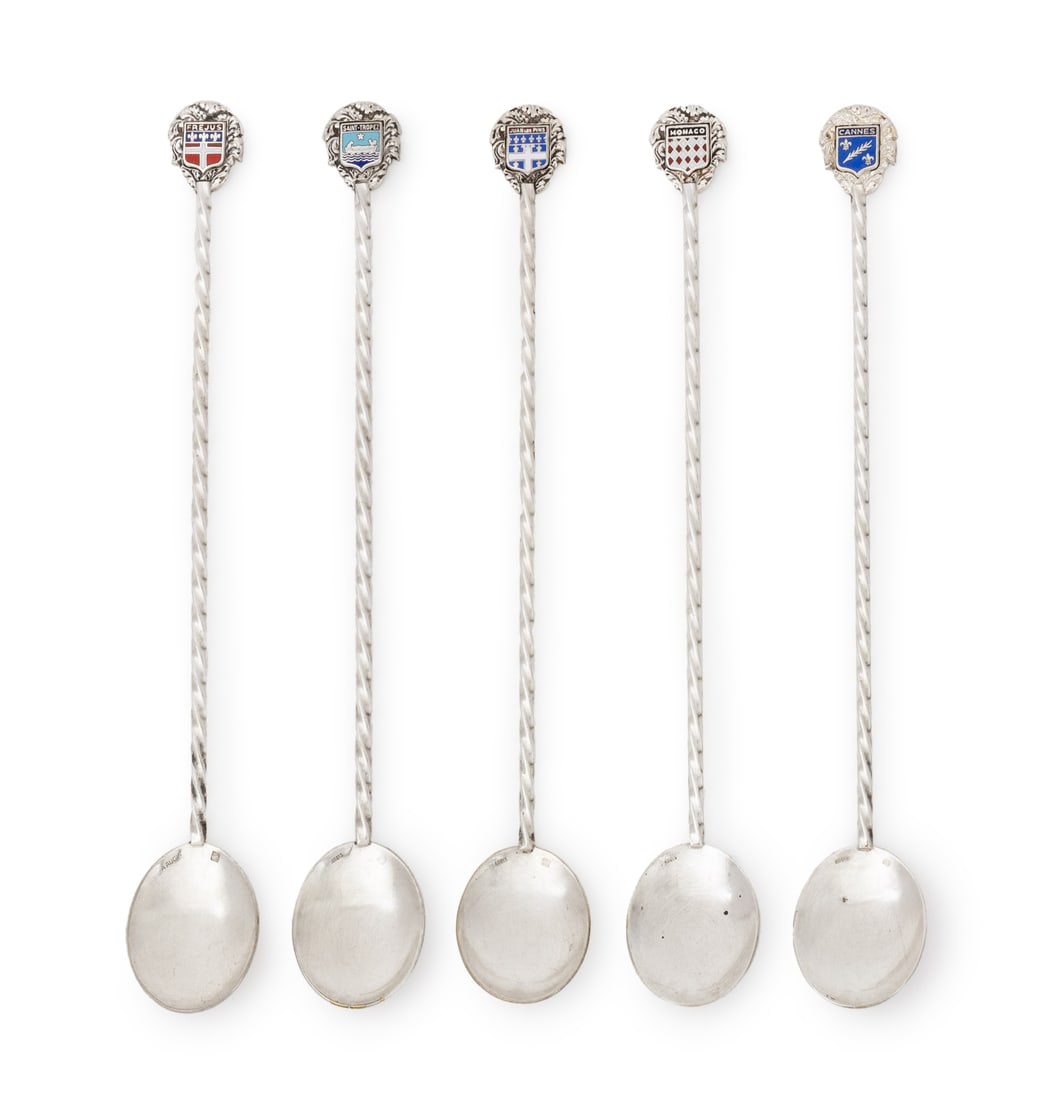Augis Silver Plate Souvenir Spoons, 5: Collection of Five Augis Silver Plate Souvenir Spoons, with enamel crests to the tips, each marked "Augis / AR Lyon" to the bowls. 7.75" L. Provenance: From a 500 Park Avenue Estate. Keywords: Vintage